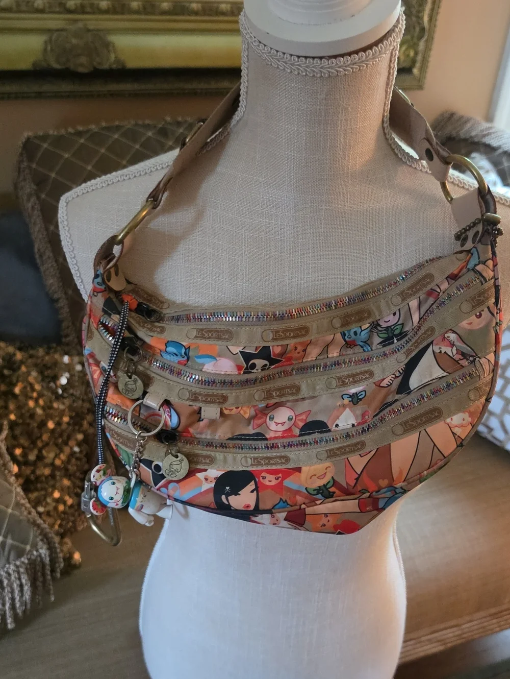 Lesportsac Multicolor Character Print Shoulder Bag with Tan Strap - Picture 1 of 3